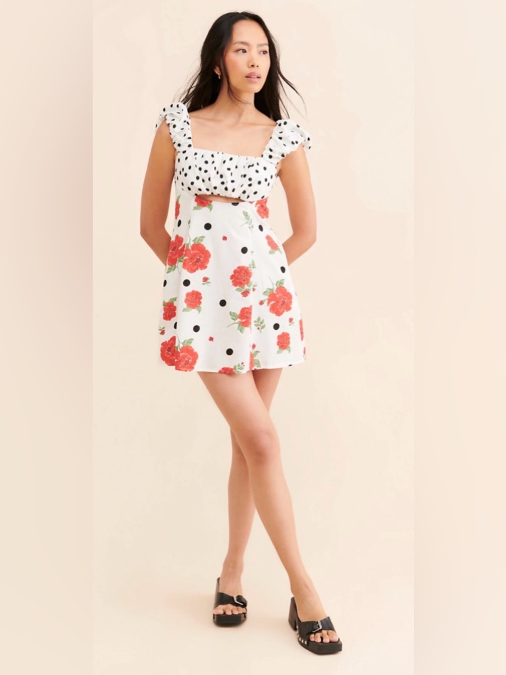 Free People Mixed Print Bom Bom Mini Dress Polka Dot Floral Cottagecore Size M